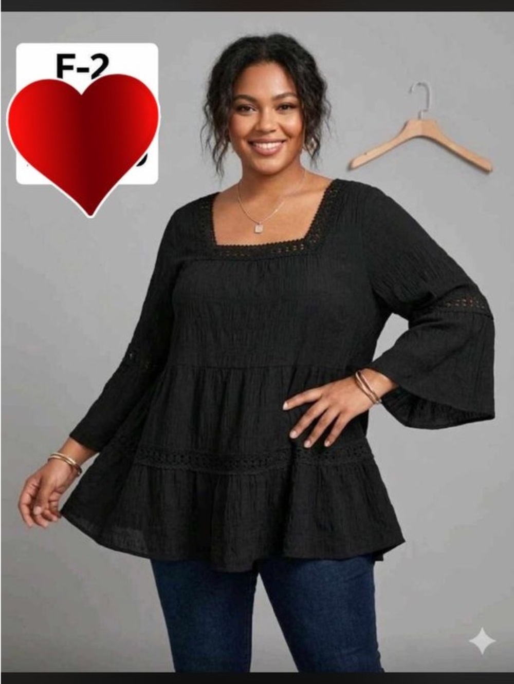 SHEIN Black Plus-Size Square Neck Peasant Tunic 2xl